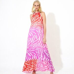 Oliphant Zebra Ombré Maxi Dress XXS Pink Coral Silk Blend Halter Resort